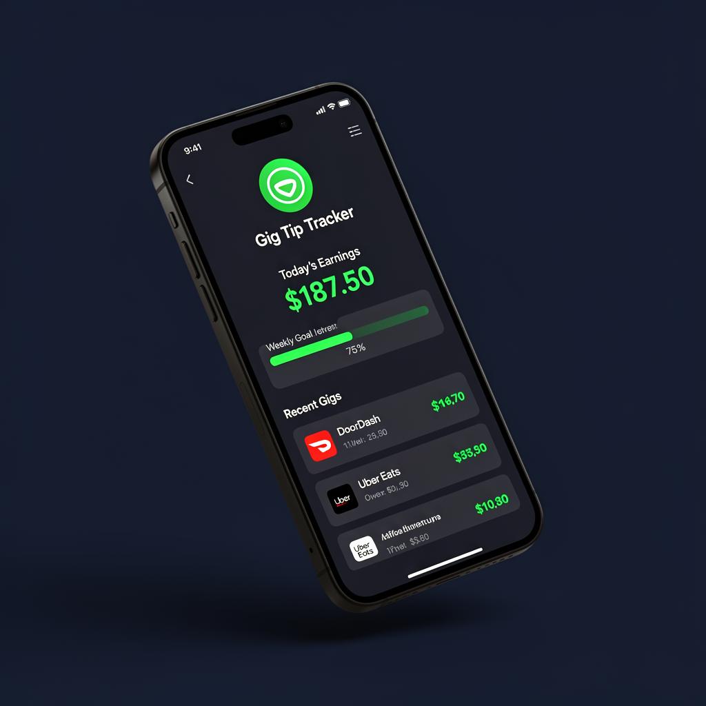 Gig Tip Tracker app shown on a smartphone displaying today's earnings and recent gigs
